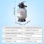 VEVOR sand filter system specifications with dimensions and detailed parts list, including o-rings and joints.