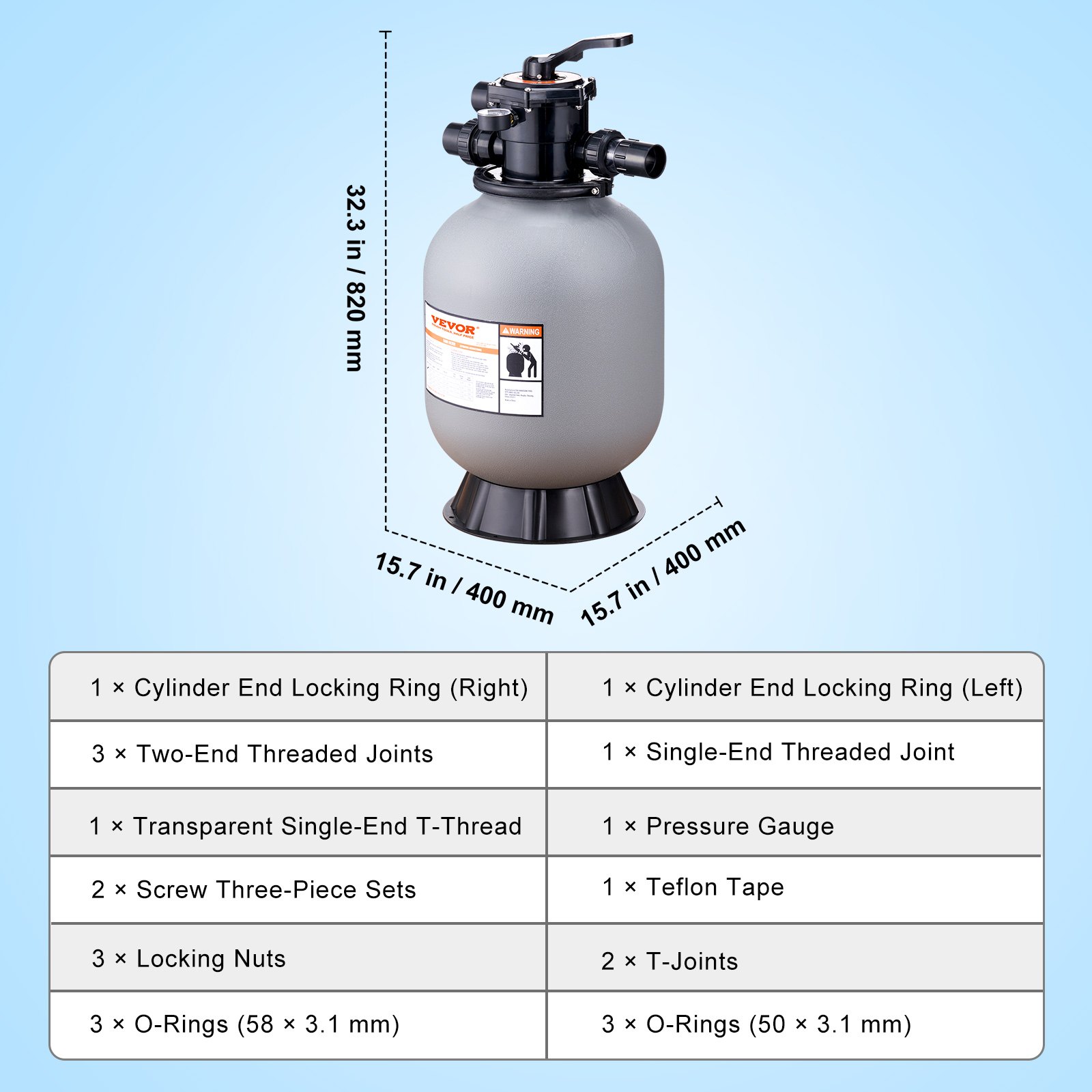 VEVOR sand filter system specifications with dimensions and detailed parts list, including o-rings and joints.