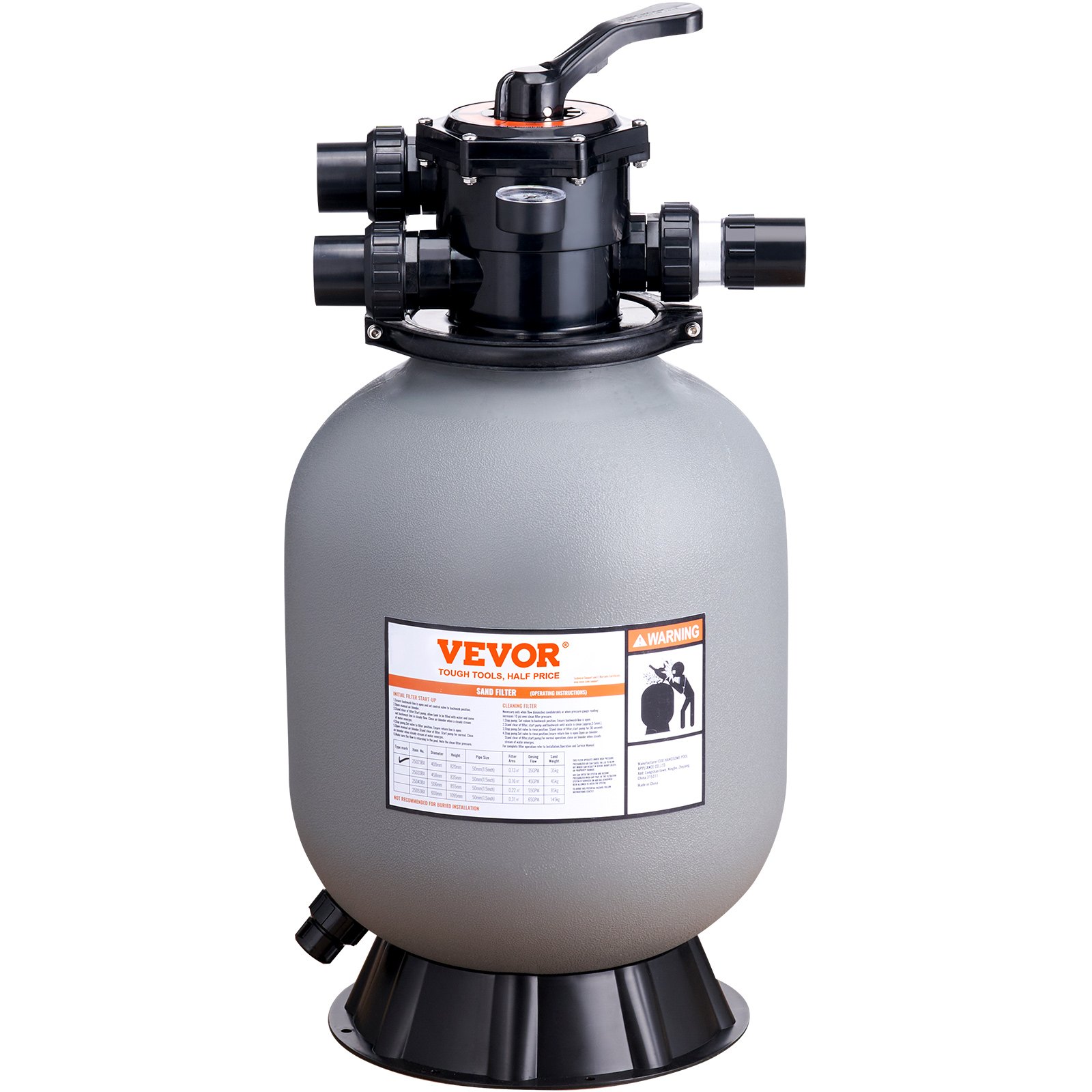 VEVOR sand filter system, gray tank with black top valve, attached drainage pipes, and instructional label.