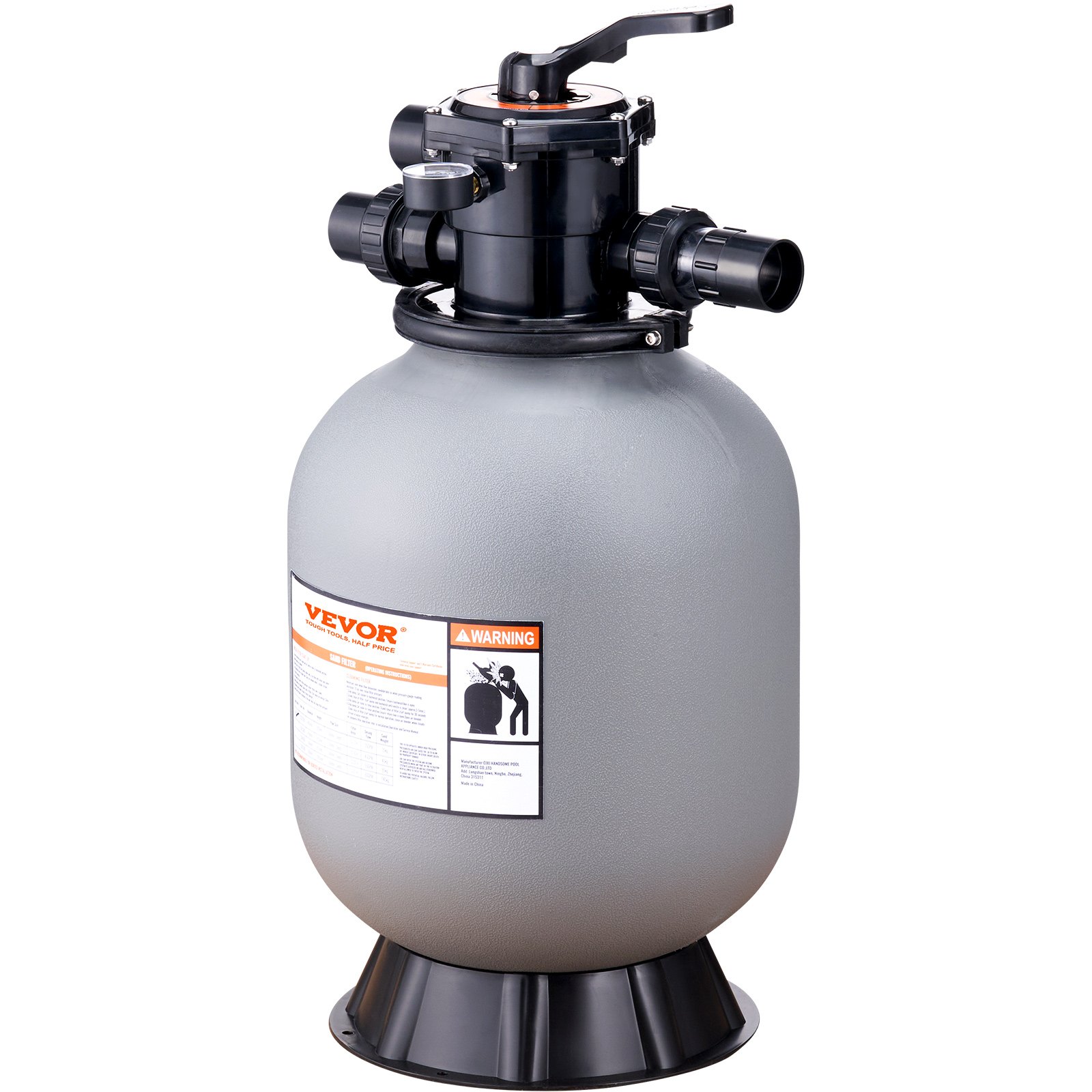 VEVOR sand filter system with a black control valve on a gray cylindrical tank and attached warning labels.