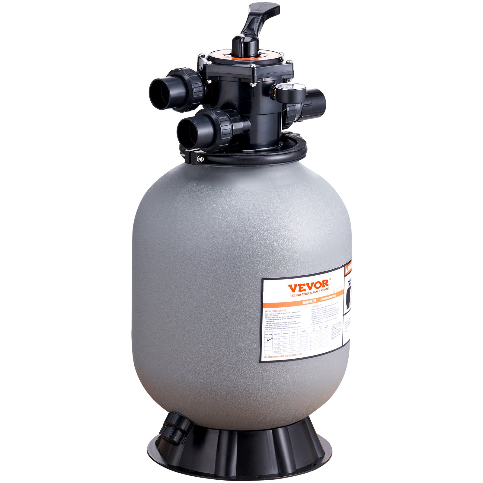 VEVOR sand filter system with multi-port valve and gauge, showcasing durable grey tank design.