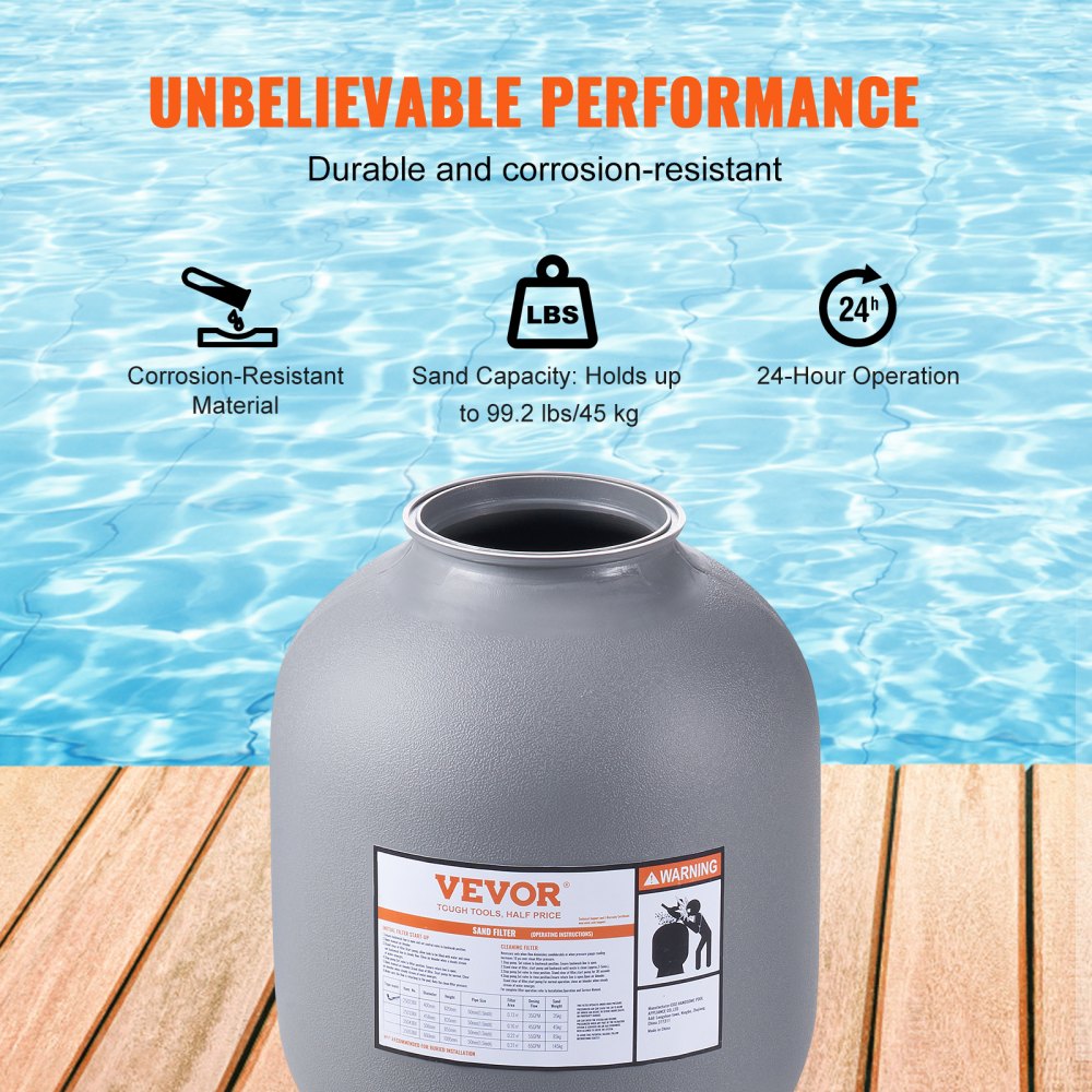 VEVOR sand filter system with corrosion-resistant material, 99.2 lbs sand capacity, and 24-hour operation.