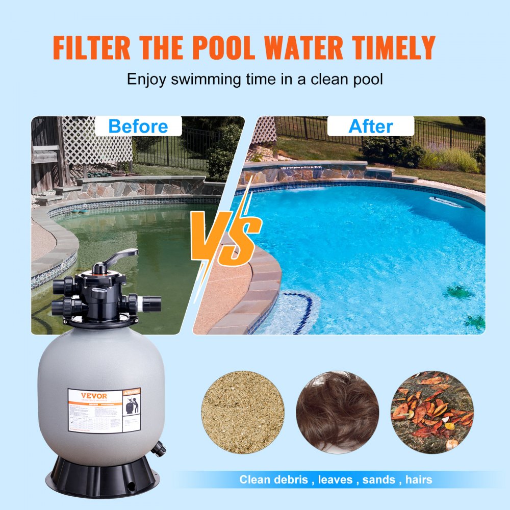 VEVOR sand filter system comparison showing dirty pool water before and clean pool water after filtration.