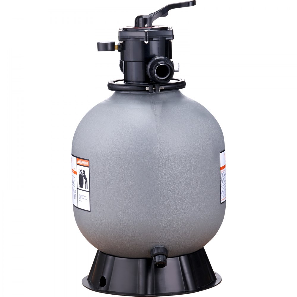 VEVOR sand filter system with gray tank, black base, control valve on top, and labeled warnings.