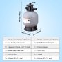 VEVOR sand filter system dimensions and parts list, including locking rings, threaded joints, and o-rings.