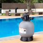 VEVOR sand filter system beside a clear blue pool with lounge chairs and greenery in the background.