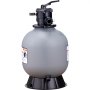 VEVOR sand filter system with gray tank, black base, control valve on top, and labeled warnings.