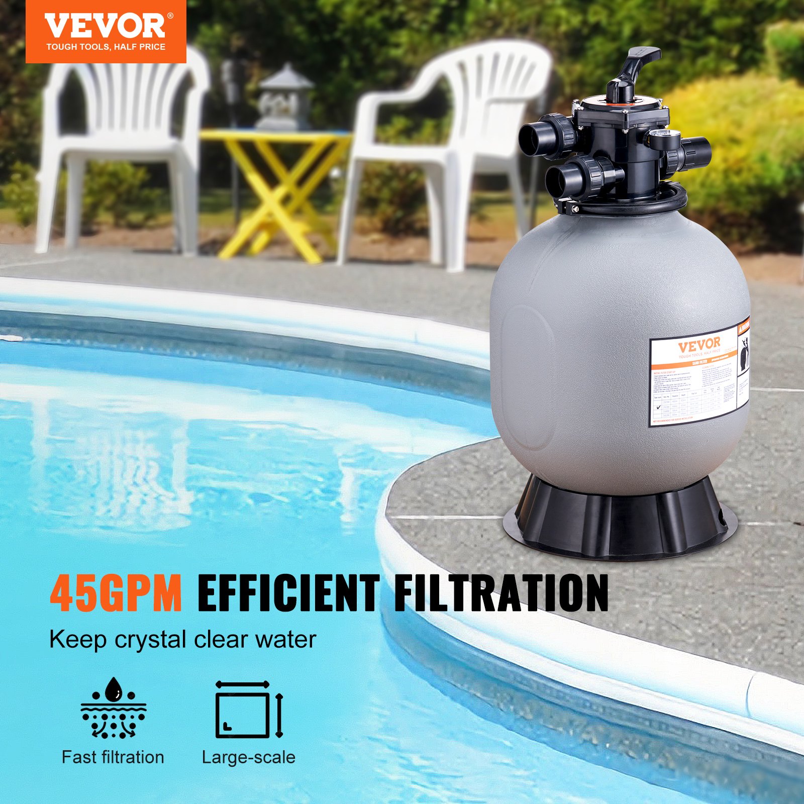 VEVOR sand filter system by a pool, ensuring 45gpm efficient filtration for crystal clear water.