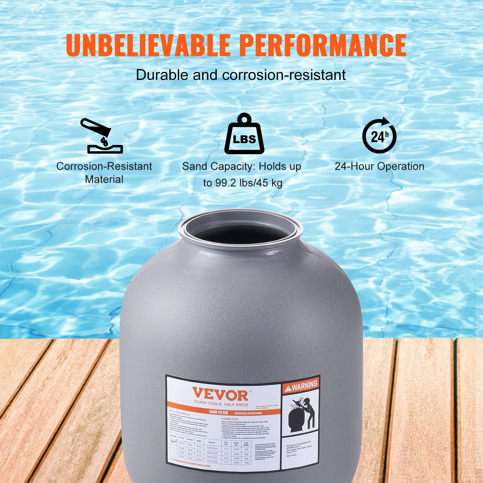 VEVOR sand filter system with corrosion-resistant material, 99.2 lbs sand capacity, and 24-hour operation.