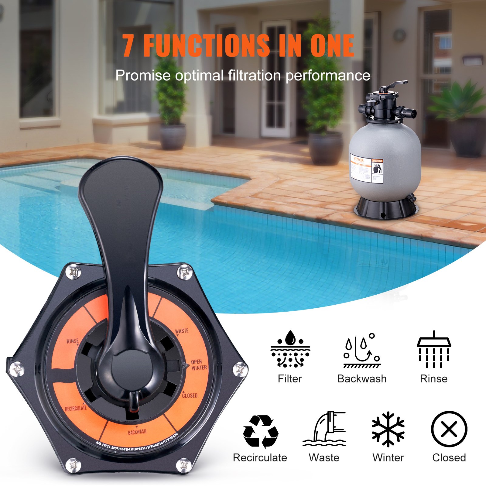 pool area with VEVOR sand filter system showcasing seven functions for optimal filtration performance.