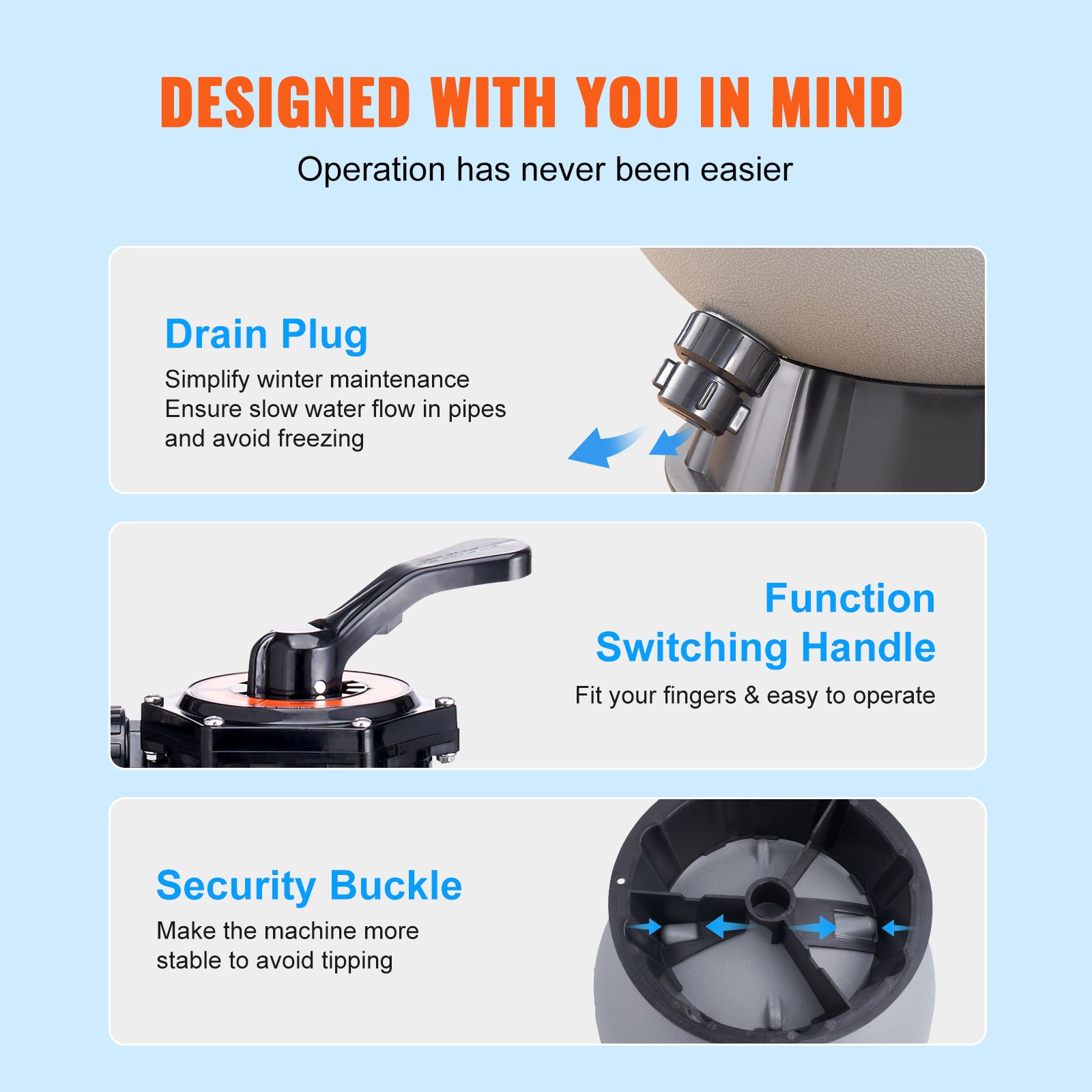 VEVOR sand filter system features a drain plug, function switching handle, and security buckle.