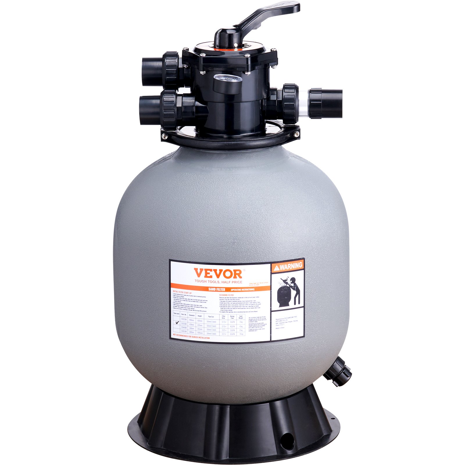 VEVOR sand filter system with top-mounted pressure gauge and multiport valve for effective pool filtration.