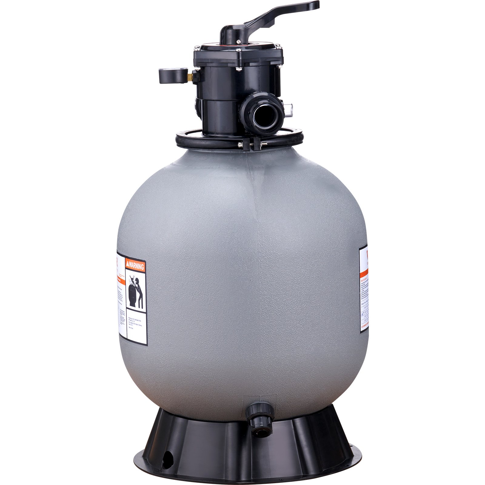 VEVOR sand filter system with gray tank, black base, control valve on top, and labeled warnings.