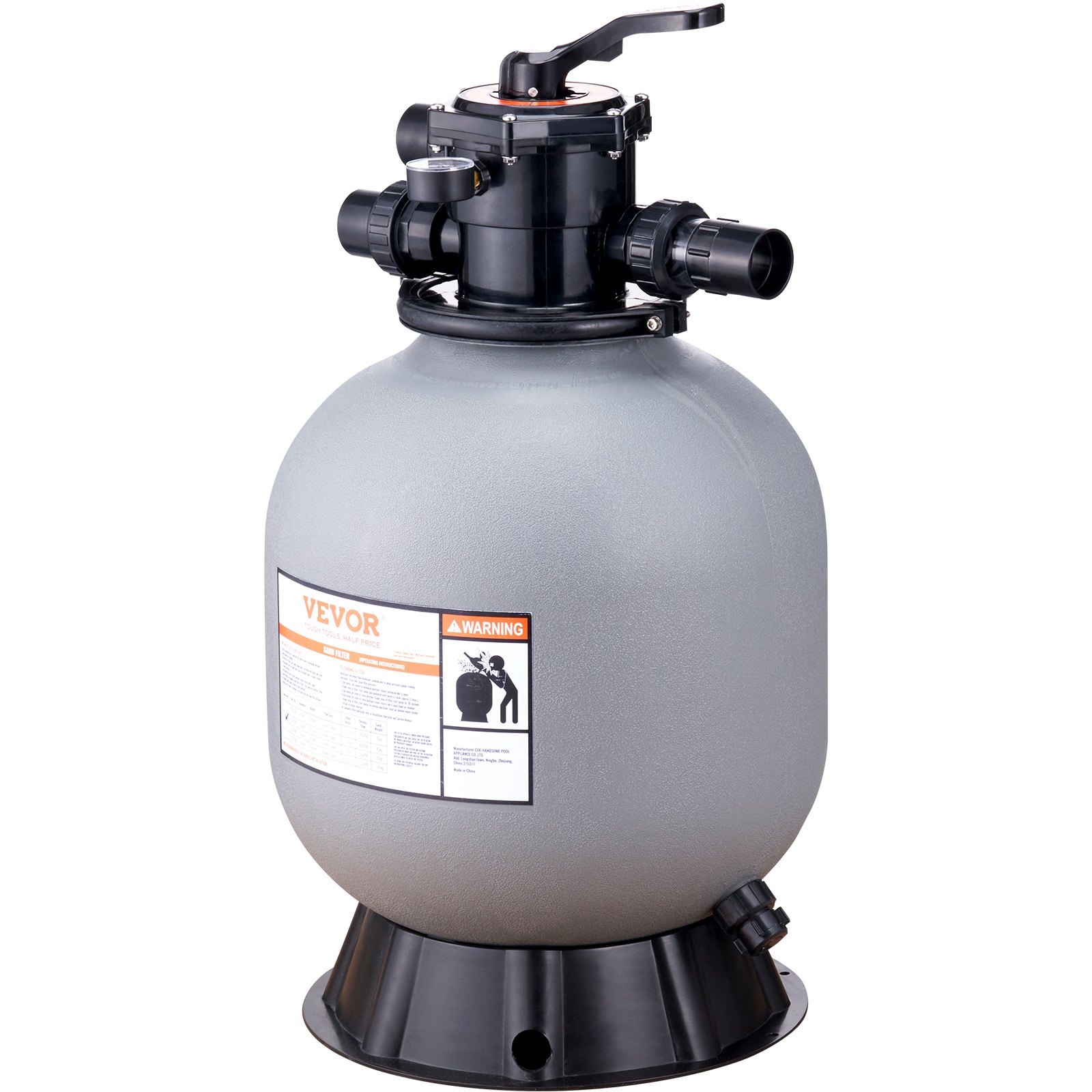VEVOR sand filter system with a gray tank, black multiport valve, and attached plumbing ports.