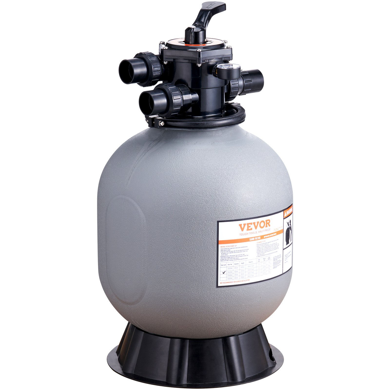 VEVOR sand filter system with durable gray tank and multiple-valve connections for pools.