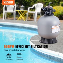 Pieskový filter VEVOR, 22-palcový, prietok až 55 GPM, pieskový filtračný systém pre bazén nad ponorným bazénom so 7-cestným ventilom s viacerými otvormi, filter, spätné preplachovanie, oplachovanie, recirkulácia, odpad, zima, zatvorené funkcie