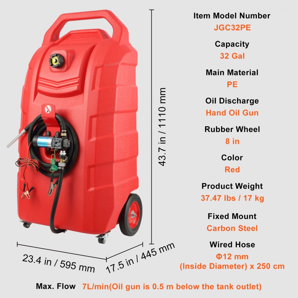 VEVOR Fuel Caddy, 32 Gallon, Portable Fuel Storage Tank On-Wheels, with 12V DC 140 W Transfer Pump (for Diesel Only), Diesel Fuel Container with 13 Ft Hose, Flow Rate 40L/min, for Trucks, Boats