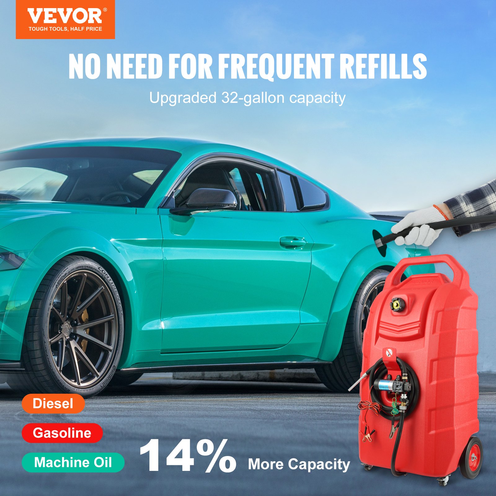 VEVOR Fuel Caddy, 32 Gallon, Portable Fuel Storage Tank On-Wheels, with 12V DC 140 W Transfer Pump (for Diesel Only), Diesel Fuel Container with 13 Ft Hose, Flow Rate 40L/min, for Trucks, Boats