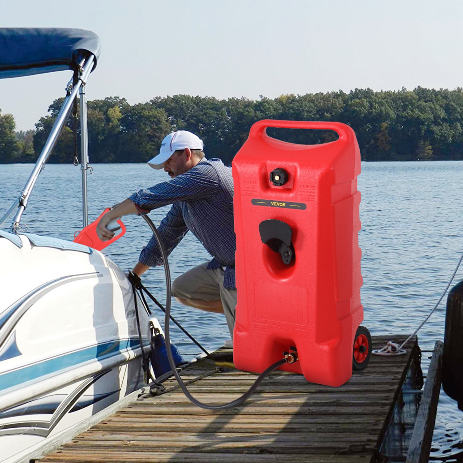 VEVOR Fuel Caddy, 14 Gallon, Gas Storage Tank On-Wheels, with Siphon Pump and 9.8 ft Long Hose, Gasoline Diesel Fuel Container for Cars, Lawn Mowers, ATVs, Boats, More, Red