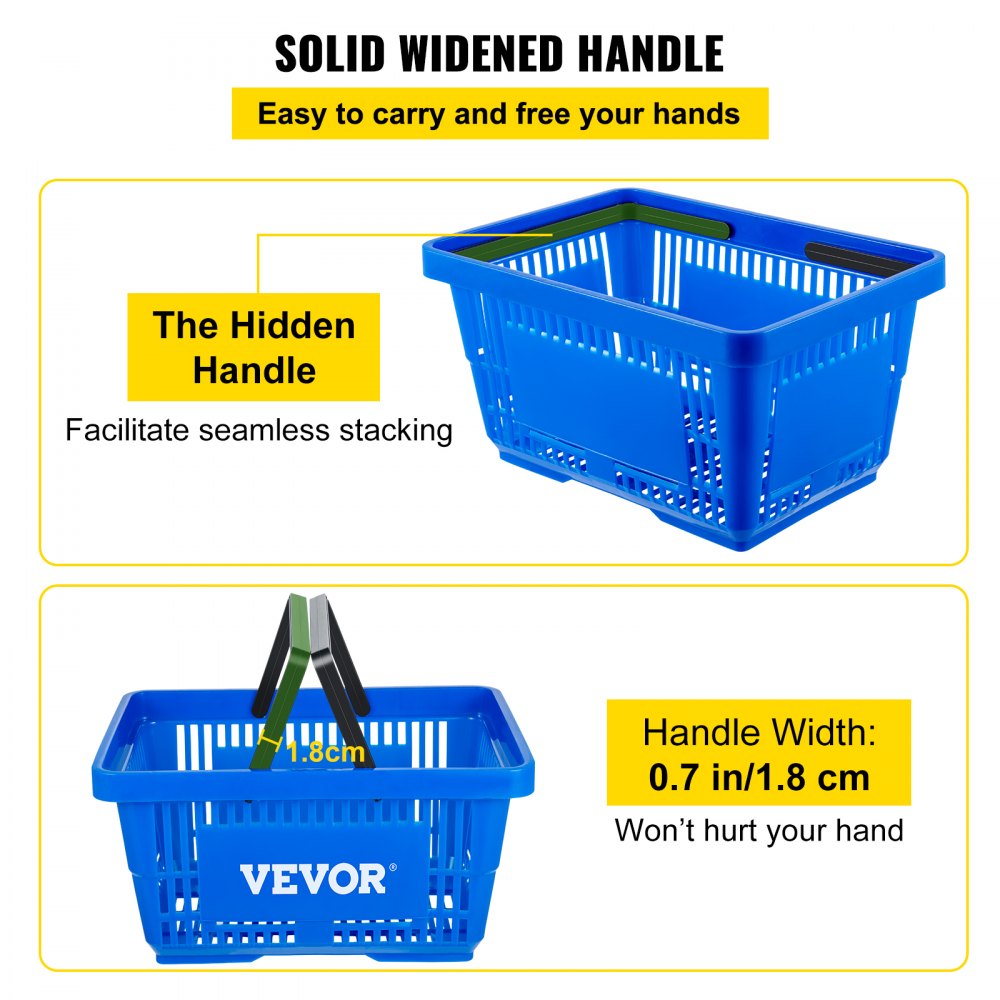 VEVOR Shopping Basket, 16.9 x 11.8 x 8.7 in/42.8 x 30 x 22 cm((L x W x H), Plastic Handle and Iron Stand, Set of 12 Store Baskets with Durable PE Material Used for Supermarket, Retail, Bookstore, Blue