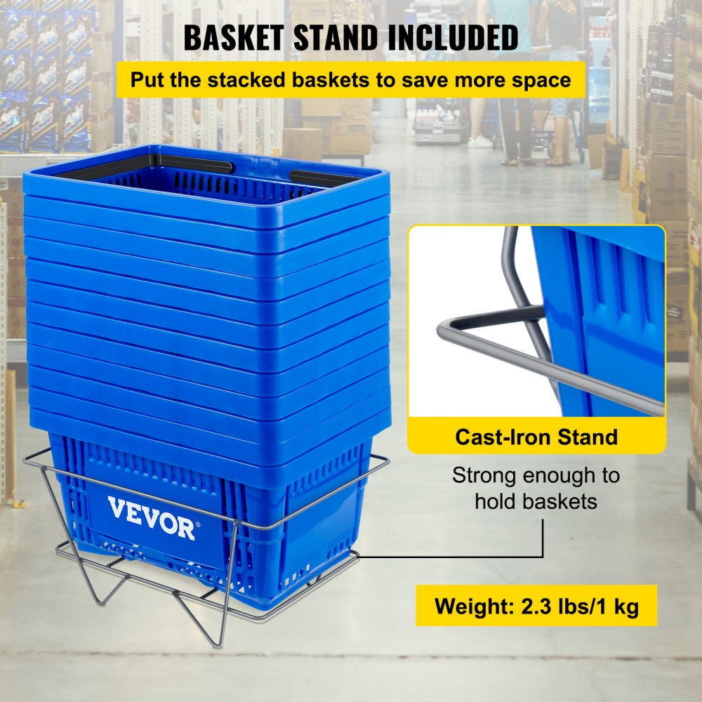 VEVOR Shopping Basket, 16.9 x 11.8 x 8.7 in/42.8 x 30 x 22 cm((L x W x H), Plastic Handle and Iron Stand, Set of 12 Store Baskets with Durable PE Material Used for Supermarket, Retail, Bookstore, Blue