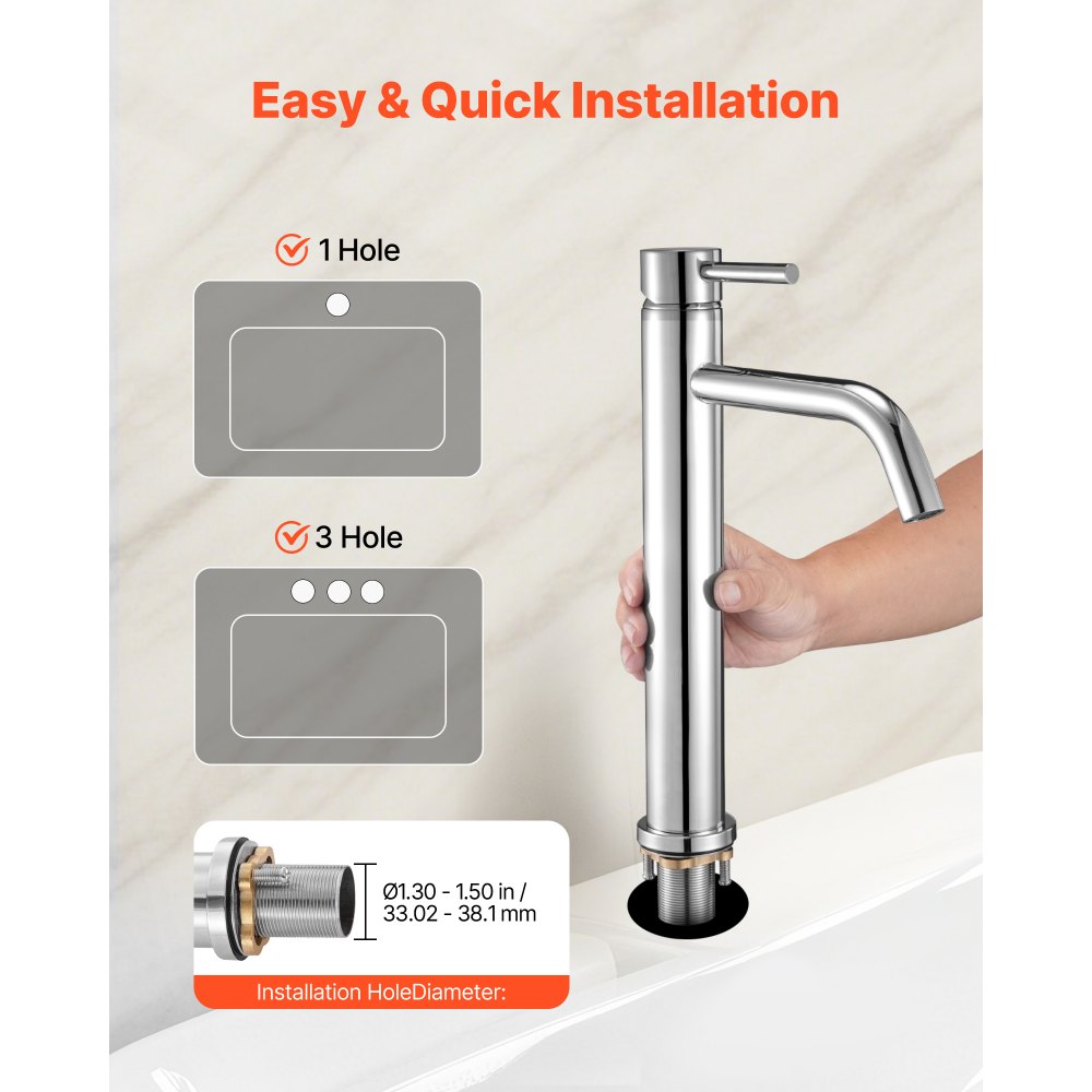 VEVOR Single Handle Sink Faucet, Chrome-Plated Silver Faucet Kitchen Sink, 1 or 3 Hole Kitchen Water Faucets with Push-Button Drain, Suitable for Bathroom, RV, Bar, Public Restroom, High Arc Faucets