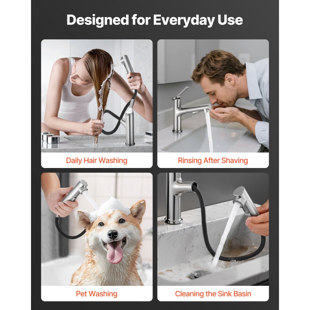 VEVOR Single Handle Sink Faucet, Single Handle Pull Out Faucet 1 or 3 Hole, Brushed Nickel Stainless Steel Sink Faucets with Push-Button Switch, Suitable for Bathroom, RV, Public Restroom, Lead-free