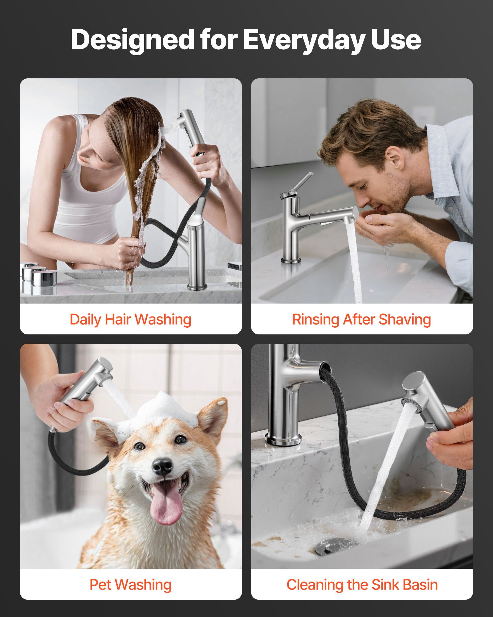 VEVOR Single Handle Sink Faucet, Single Handle Pull Out Faucet 1 or 3 Hole, Brushed Nickel Stainless Steel Sink Faucets with Push-Button Switch, Suitable for Bathroom, RV, Public Restroom, Lead-free