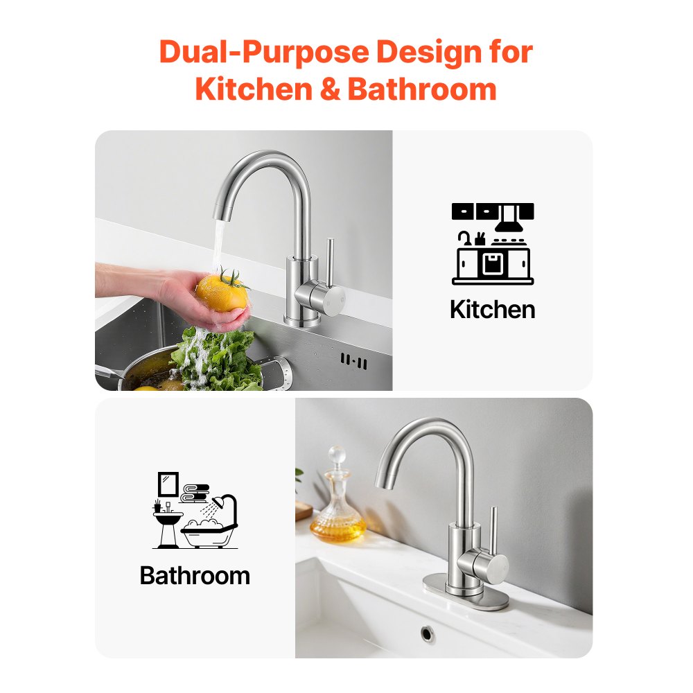 VEVOR Single Handle Sink Faucet, Brushed Nickel Single Handle Bathroom Faucet, Kitchen Water Faucets with Anti-Splash Aerator, Suitable for Bathroom, RV, Bar Sink, Public Restroom, High Arc Spout