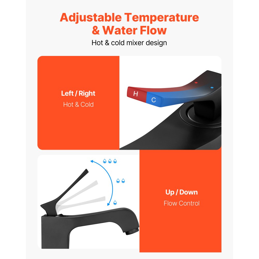 VEVOR Single Handle Sink Faucet, Matte Black Finish Faucet Kitchen Sink, Kitchen Water Faucets with Push-Button Drain, Suitable for Bathroom, RV, Bar Sink, Public Restroom, Waterfall-Style Spout