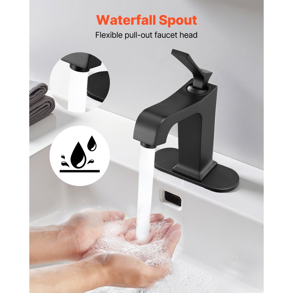 VEVOR Single Handle Sink Faucet, Matte Black Finish Faucet Kitchen Sink, Kitchen Water Faucets with Push-Button Drain, Suitable for Bathroom, RV, Bar Sink, Public Restroom, Waterfall-Style Spout