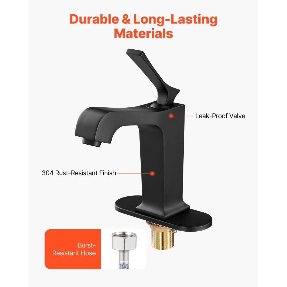 VEVOR Single Handle Sink Faucet, Matte Black Finish Faucet Kitchen Sink, Kitchen Water Faucets with Push-Button Drain, Suitable for Bathroom, RV, Bar Sink, Public Restroom, Waterfall-Style Spout