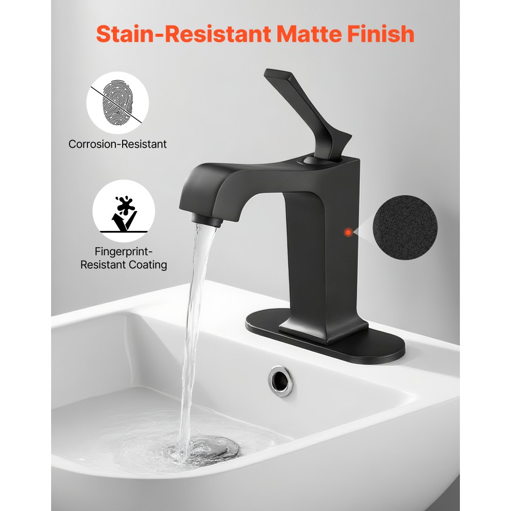 VEVOR Single Handle Sink Faucet, Matte Black Finish Faucet Kitchen Sink, Kitchen Water Faucets with Push-Button Drain, Suitable for Bathroom, RV, Bar Sink, Public Restroom, Waterfall-Style Spout