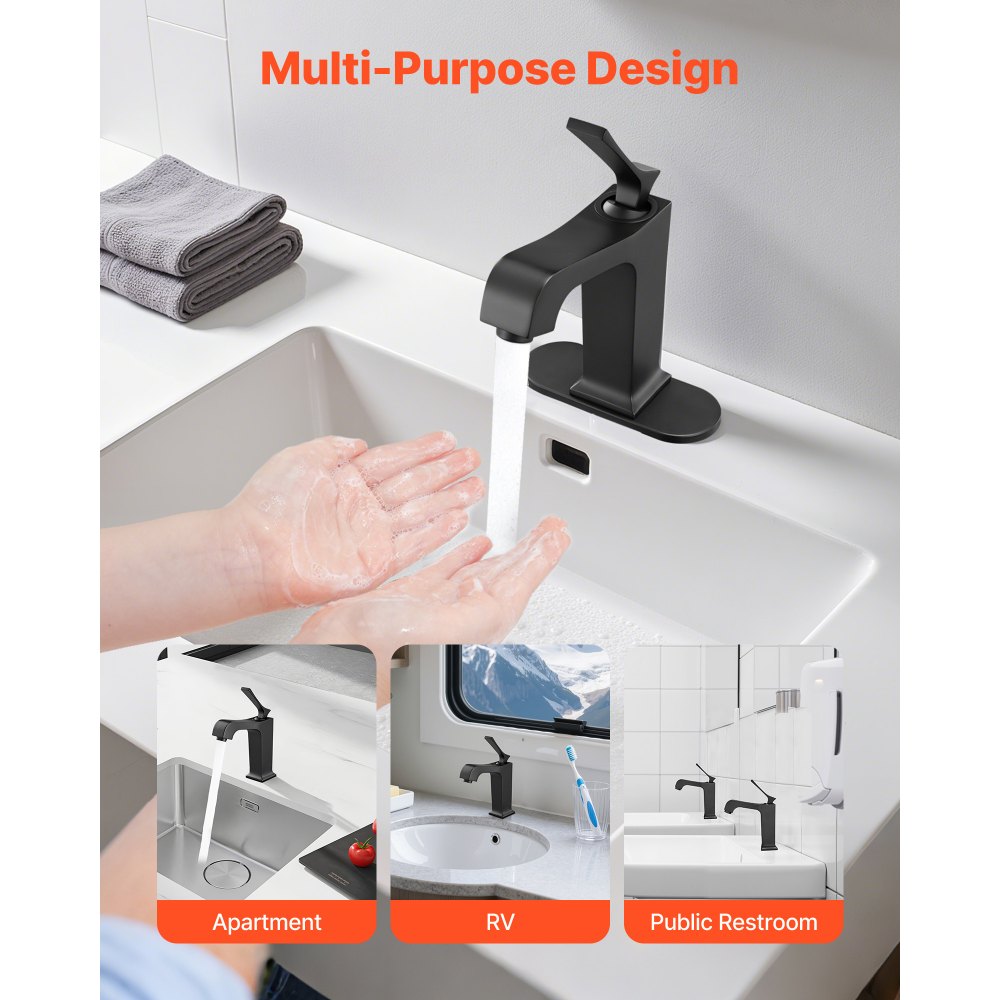 VEVOR Single Handle Sink Faucet, Matte Black Finish Faucet Kitchen Sink, Kitchen Water Faucets with Push-Button Drain, Suitable for Bathroom, RV, Bar Sink, Public Restroom, Waterfall-Style Spout