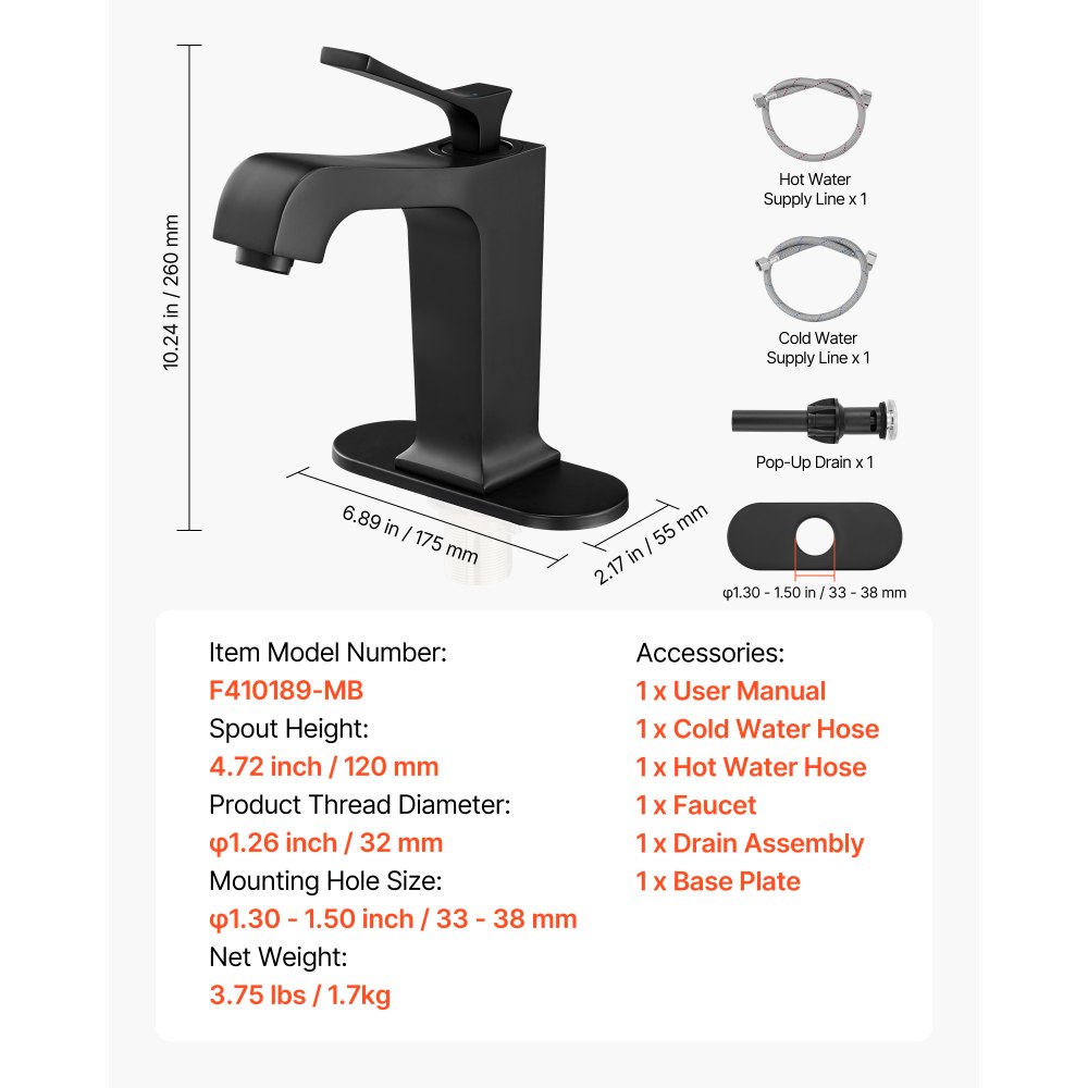 VEVOR Single Handle Sink Faucet, Matte Black Finish Faucet Kitchen Sink, Kitchen Water Faucets with Push-Button Drain, Suitable for Bathroom, RV, Bar Sink, Public Restroom, Waterfall-Style Spout