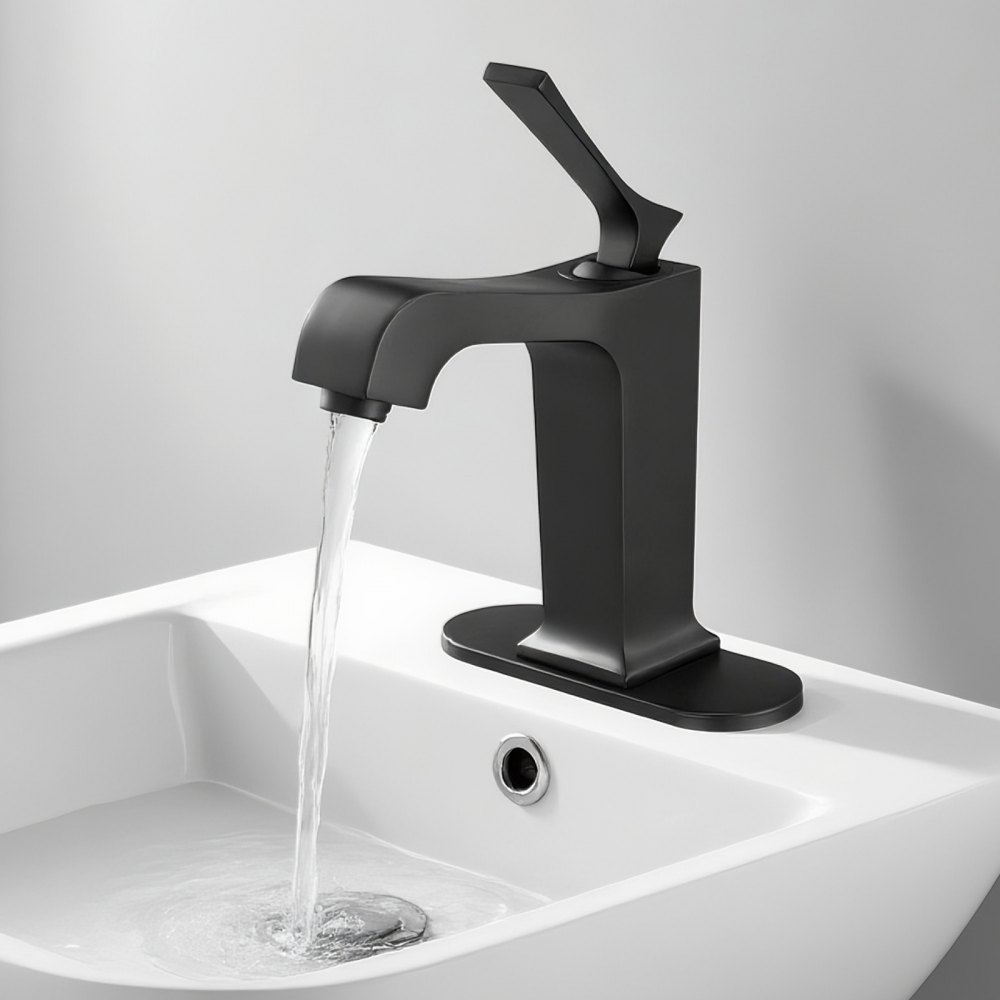 VEVOR Single Handle Sink Faucet, Matte Black Finish Faucet Kitchen Sink, Kitchen Water Faucets with Push-Button Drain, Suitable for Bathroom, RV, Bar Sink, Public Restroom, Waterfall-Style Spout