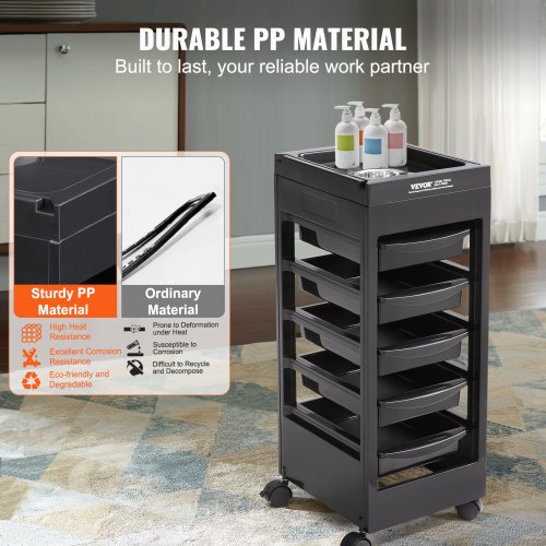 Carrito De Almacenaje Con 10 Cajones Y Ruedas - 90 Cm Alto | Plástico Negro Y Estructura Cromada | Para Belleza, Oficina O Cocina