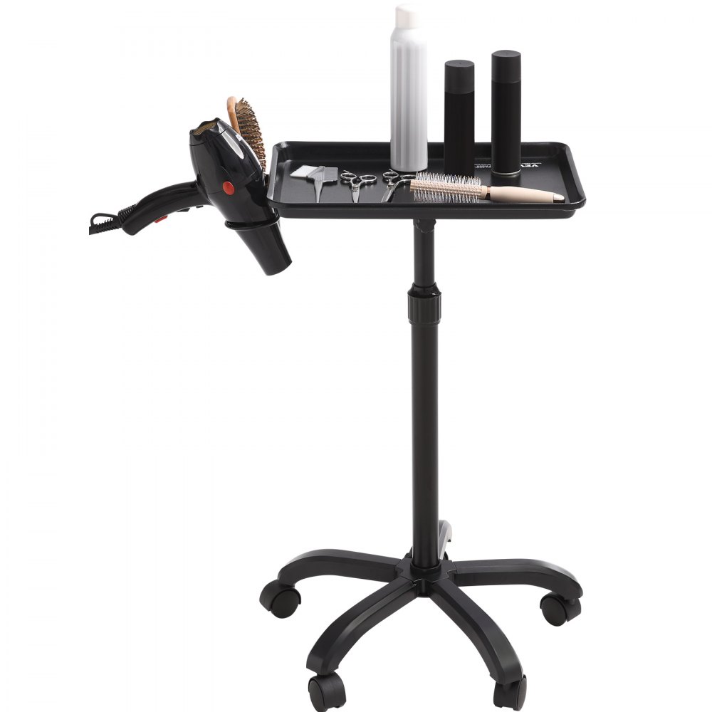 VEVOR Salon Tray Cart, 30"-43" Height Adjustable Rolling Salon Tray, Cold-rolled Plate Tattoo Tray with 5 Wheels (2 Lockable) for SPA Barbershop Clinic, Black