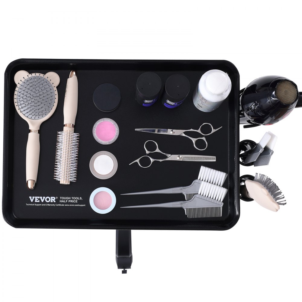 VEVOR Salon Tray Cart, 30"-43" Height Adjustable Rolling Salon Tray, Cold-rolled Plate Tattoo Tray with 5 Wheels (2 Lockable) for SPA Barbershop Clinic, Black