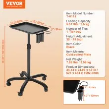 VEVOR Salon Tray Cart, 30"-43" Height Adjustable Rolling Salon Tray, Cold-rolled Plate Tattoo Tray with 5 Wheels (2 Lockable) for SPA Barbershop Clinic, Black