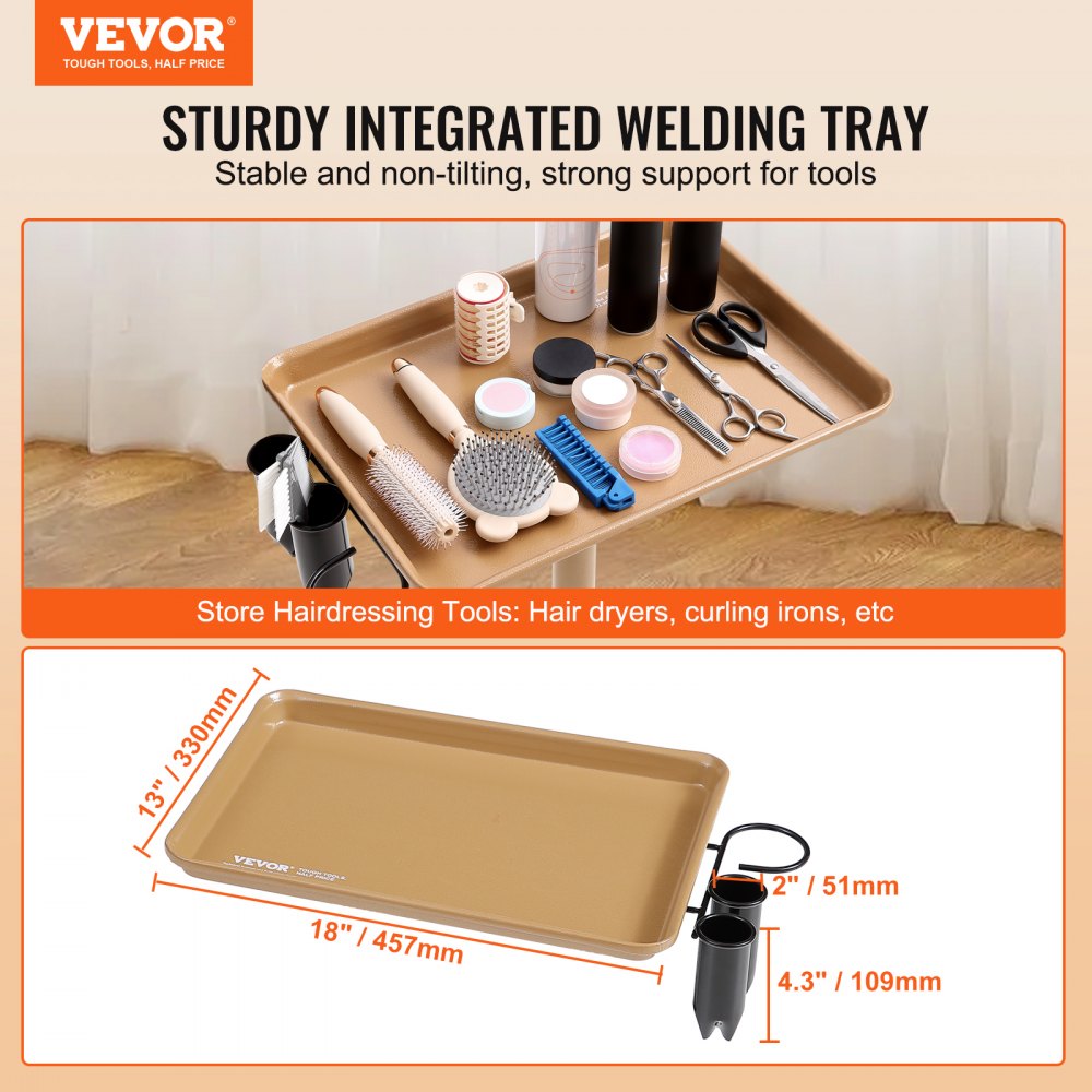 VEVOR Salon Tray Cart, 30"-43" Height Adjustable Rolling Salon Tray, Cold-rolled Plate Tattoo Tray with 5 Wheels (2 Lockable) for SPA Barber Clinic, Gold & Black