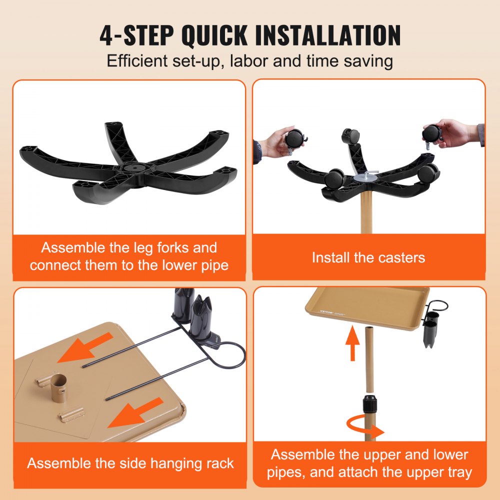 VEVOR Salon Tray Cart, 30"-43" Height Adjustable Rolling Salon Tray, Cold-rolled Plate Tattoo Tray with 5 Wheels (2 Lockable) for SPA Barber Clinic, Gold & Black