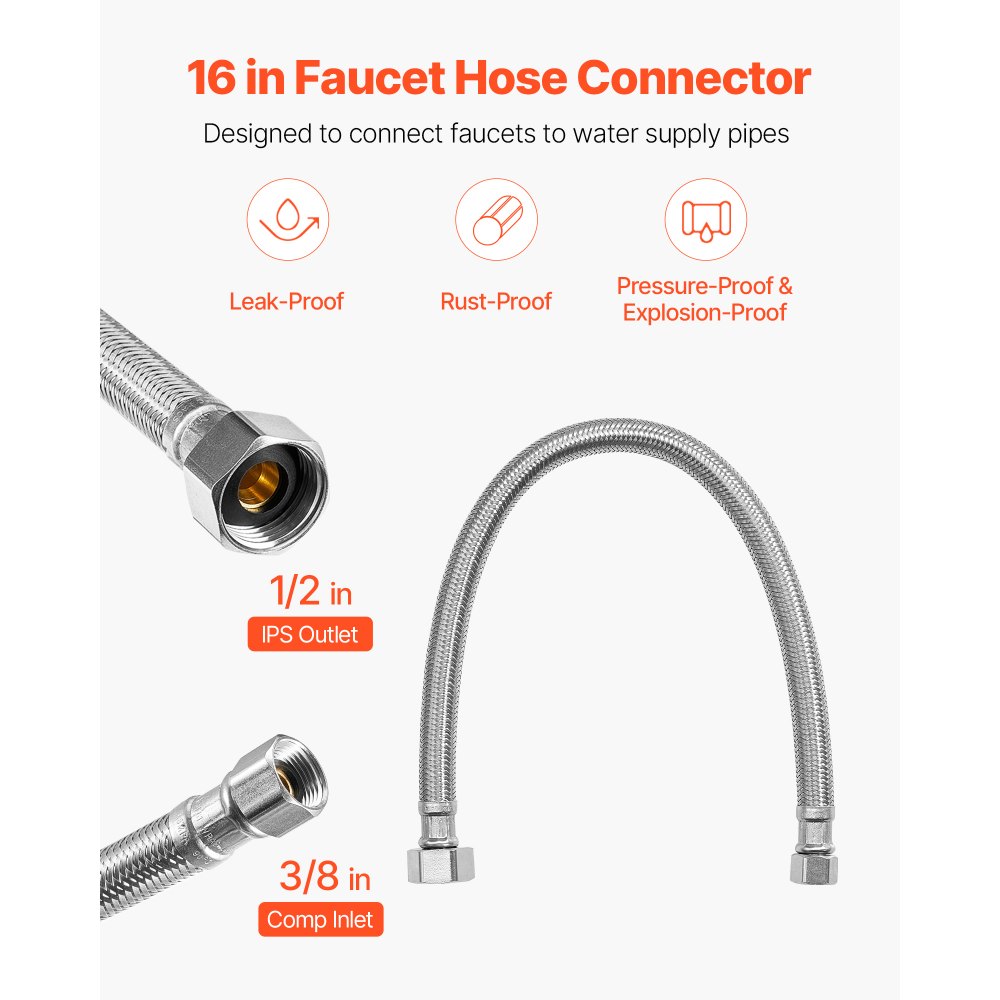 VEVOR Faucet Hose Connector, 16-Inch Length, 3/8 Inch Comp x 1/2 Inch FIP 10-Pack Braided Stainless Steel Faucet Supply Line, Faucet Hose Connects Kitchen Bathroom Sink to Water Supply, Certified Safe
