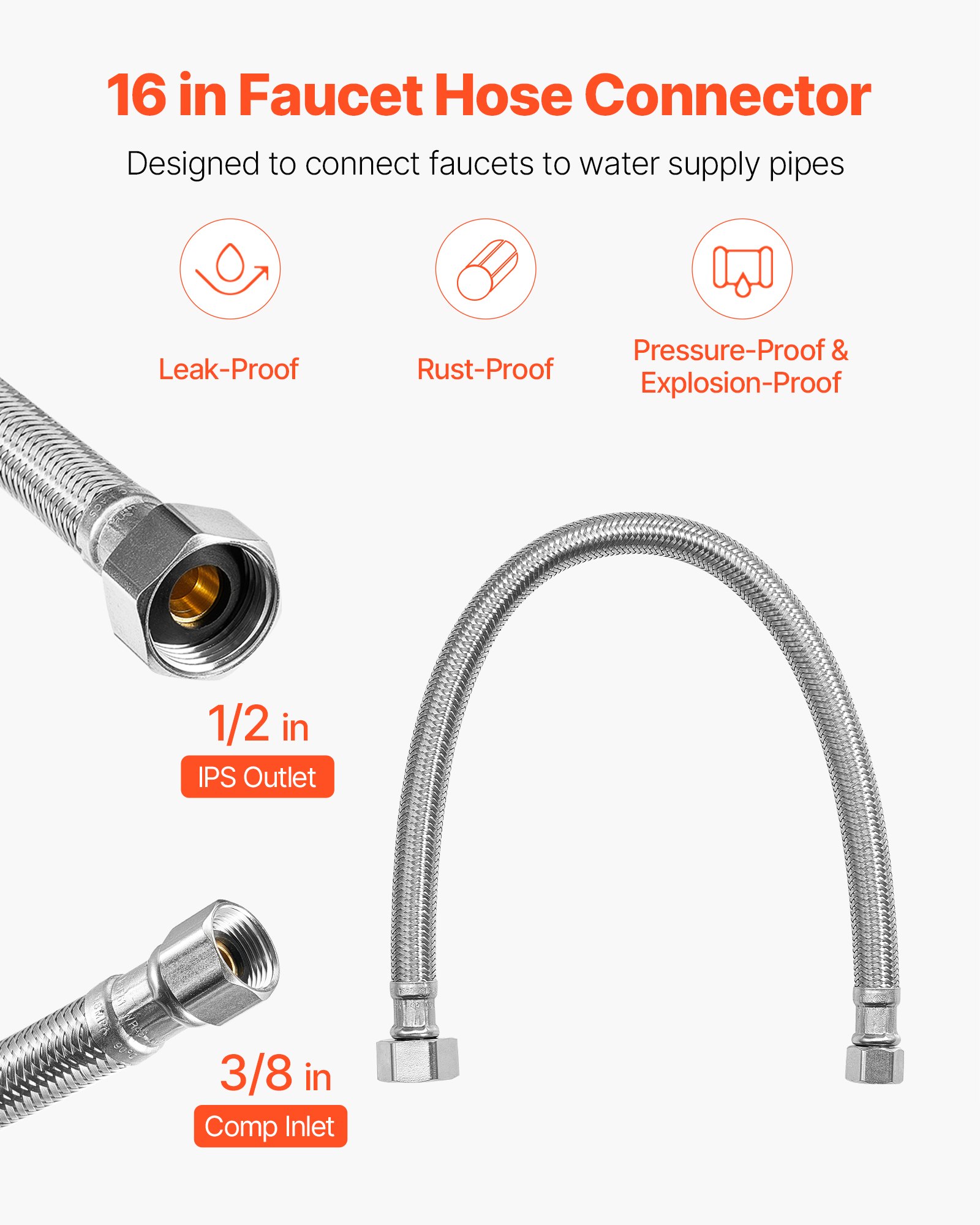 VEVOR Faucet Hose Connector, 16-Inch Length, 3/8 Inch Comp x 1/2 Inch FIP 10-Pack Braided Stainless Steel Faucet Supply Line, Faucet Hose Connects Kitchen Bathroom Sink to Water Supply, Certified Safe