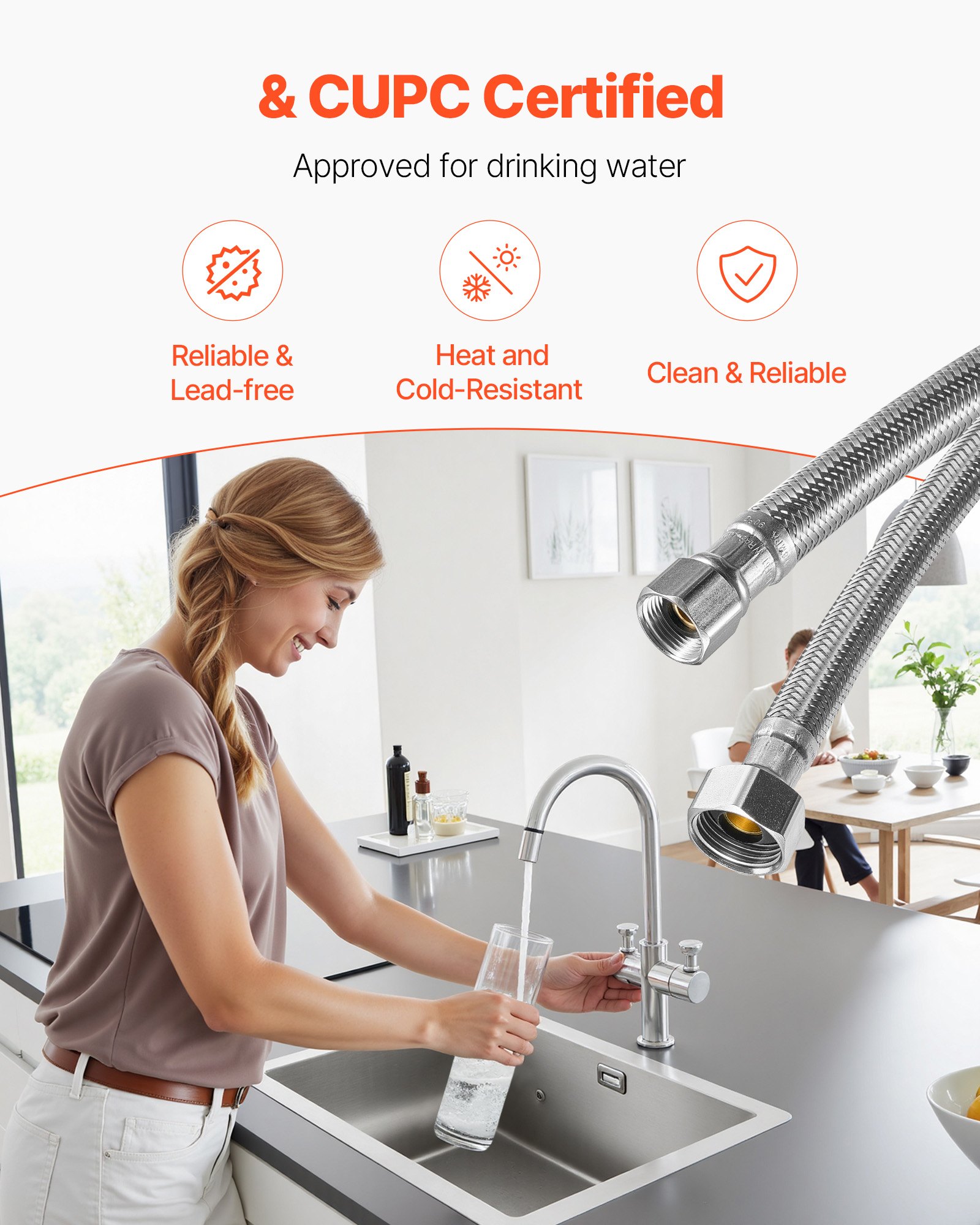 VEVOR Faucet Hose Connector, 16-Inch Length, 3/8 Inch Comp x 1/2 Inch FIP 10-Pack Braided Stainless Steel Faucet Supply Line, Faucet Hose Connects Kitchen Bathroom Sink to Water Supply, Certified Safe
