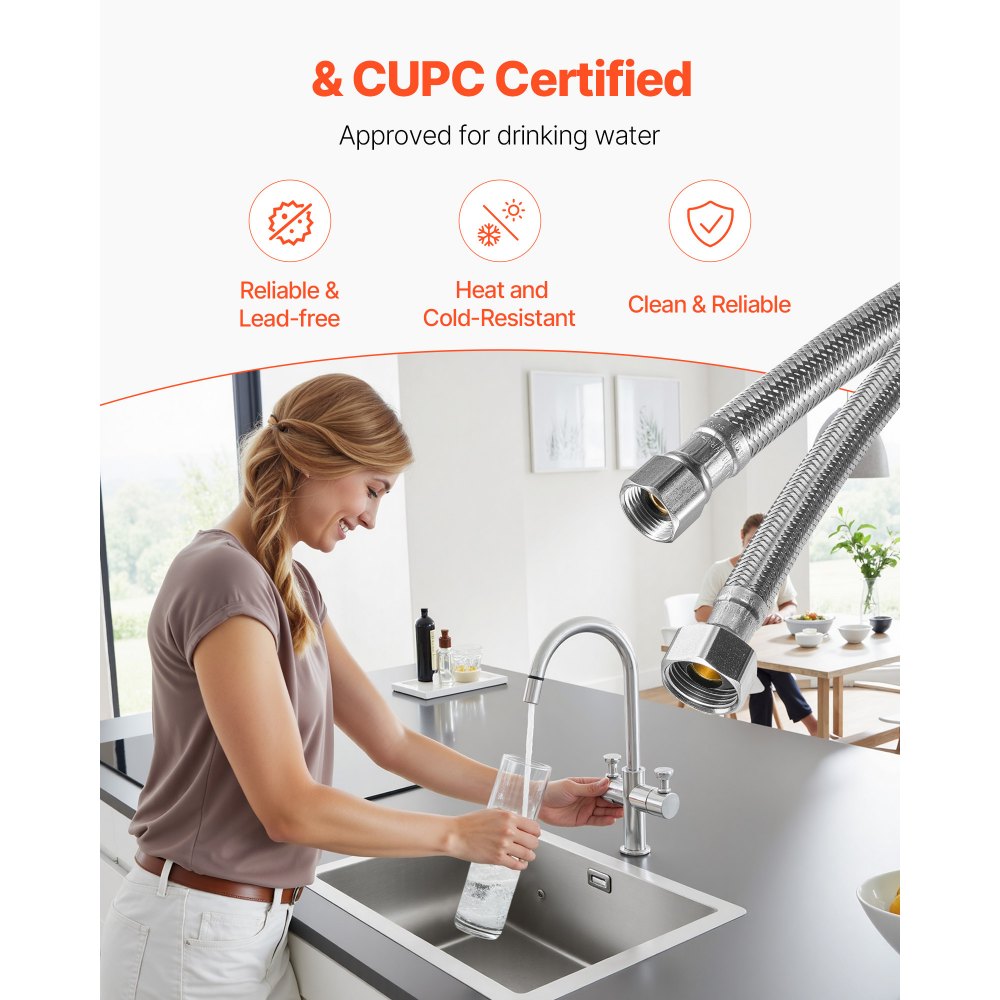 VEVOR Faucet Hose Connector, 24-Inch Length, 3/8 Inch Comp x 1/2 Inch FIP 2-Pack Braided Stainless Steel Faucet Supply Line, Faucet Hose Connects Kitchen Bathroom Sink to Water Supply, Certified Safe