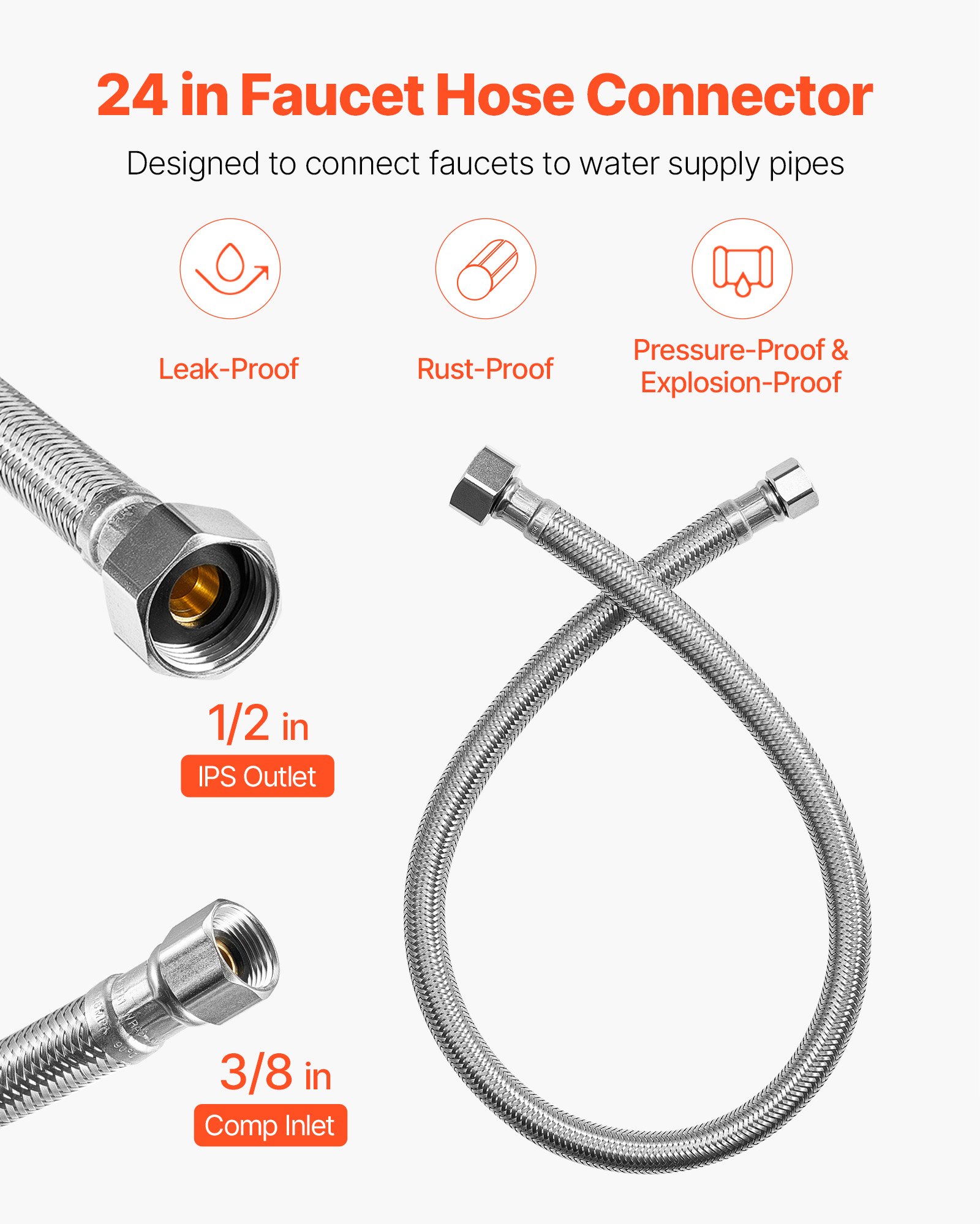 VEVOR Faucet Hose Connector, 24-Inch Length, 3/8 Inch Comp x 1/2 Inch FIP 2-Pack Braided Stainless Steel Faucet Supply Line, Faucet Hose Connects Kitchen Bathroom Sink to Water Supply, Certified Safe