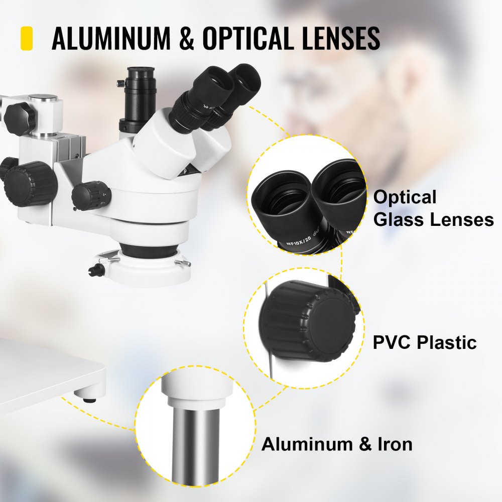 Microscopio estéreo trinocular VEVOR Microscopio con zoom de aumento 7X-45X Oculares WF10X Microscopio estéreo de laboratorio Microscopio estéreo de laboratorio con objetivo de zoom 0.7X-4.5X con luz LED y soporte de brazo único