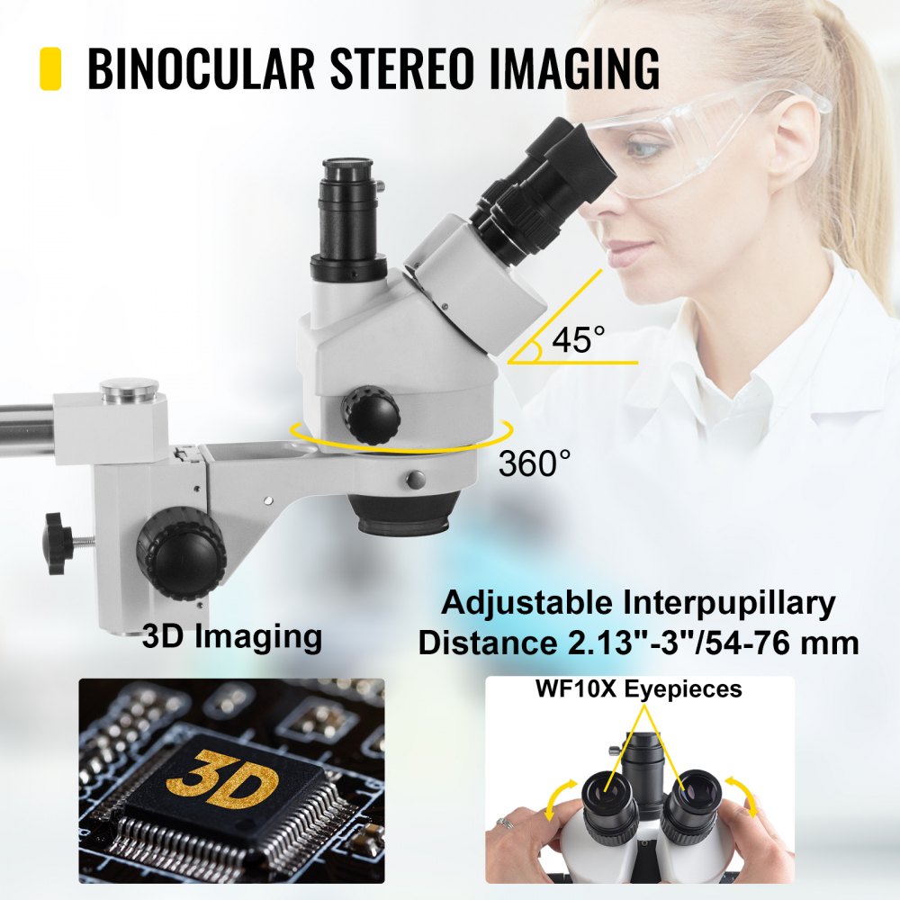 Microscopio estéreo trinocular VEVOR Microscopio con zoom de aumento 7X-45X Oculares WF10X Microscopio estéreo de laboratorio Microscopio estéreo de laboratorio con objetivo de zoom 0.7X-4.5X con luz LED y soporte de brazo único