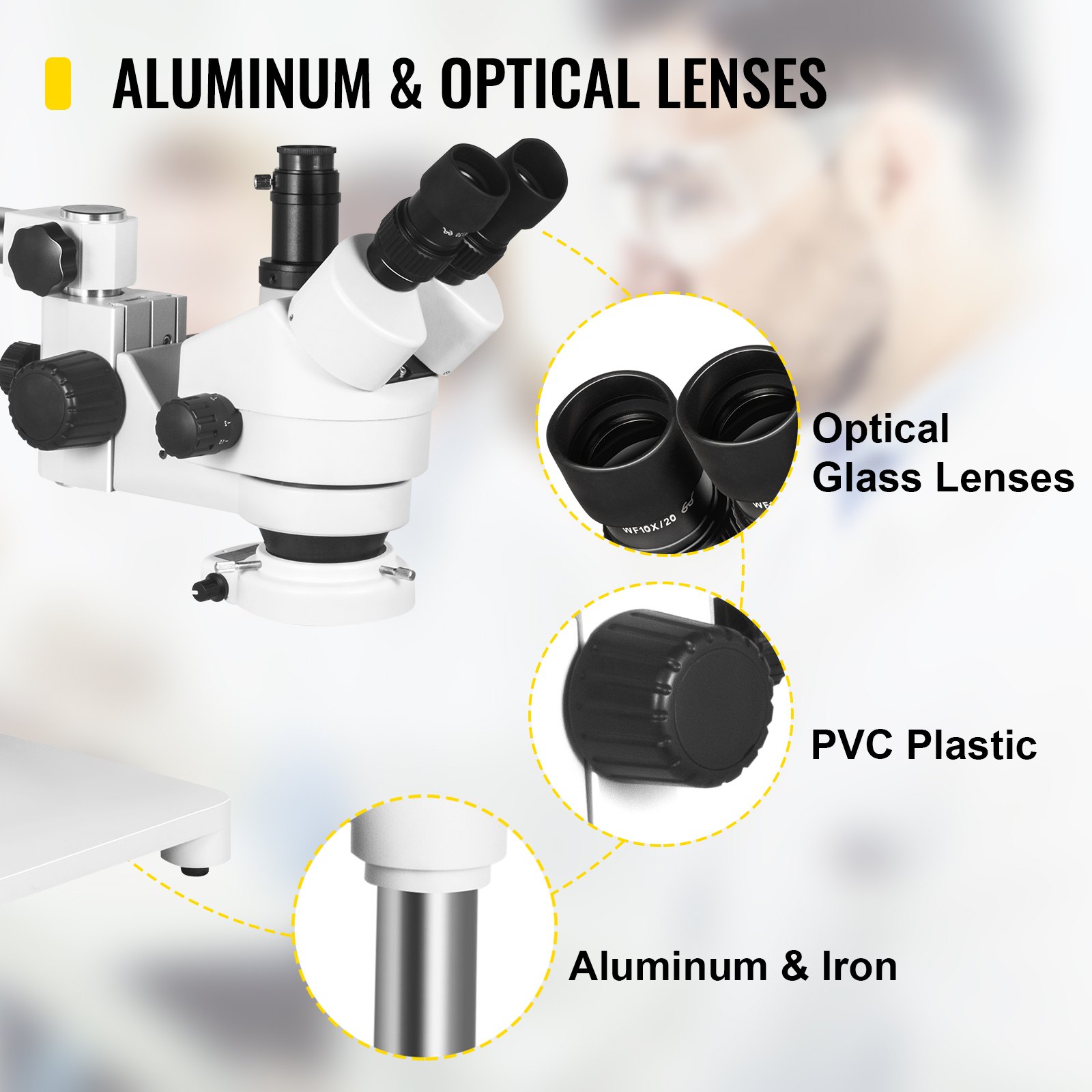 Microscopio estéreo trinocular VEVOR Microscopio con zoom de aumento 7X-45X Oculares WF10X Microscopio estéreo de laboratorio Microscopio estéreo de laboratorio con objetivo de zoom 0.7X-4.5X con luz LED y soporte de brazo único